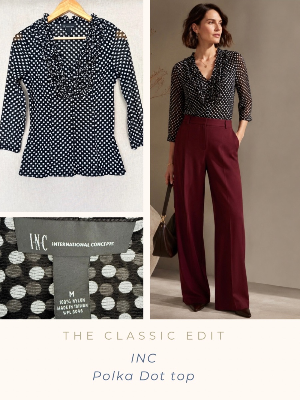 INC International Concepts | Black & White Polka Dot Ruffle Blouse | 3/4 sleeve
